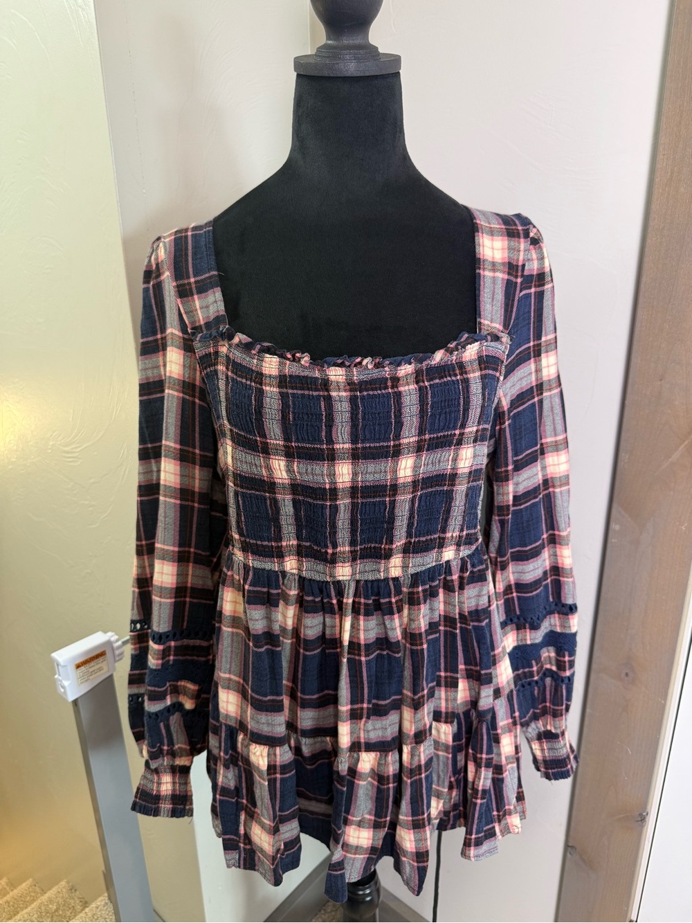 Torrid Plaid Babydoll Smocked Flowy Ruffle Blouse Square Neck Academia Navy Pink